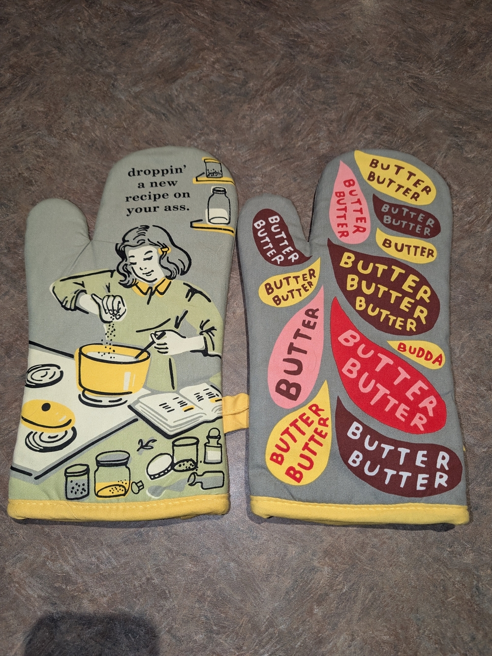 Novelty Butter Oven Mitts - Gray and Yellow